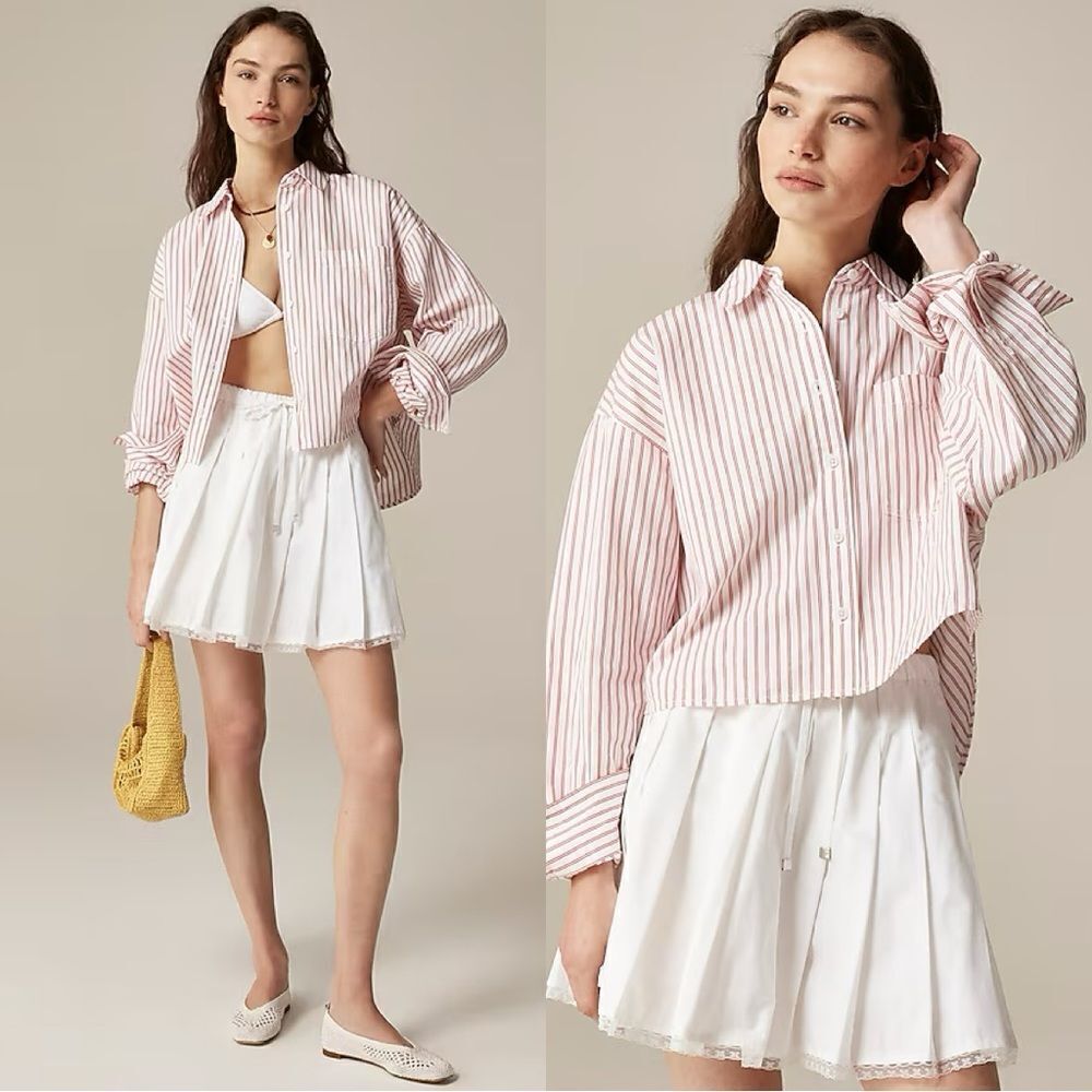 NWT J CREW Étienne cropped button-up shirt in stripe in White Vintage Red